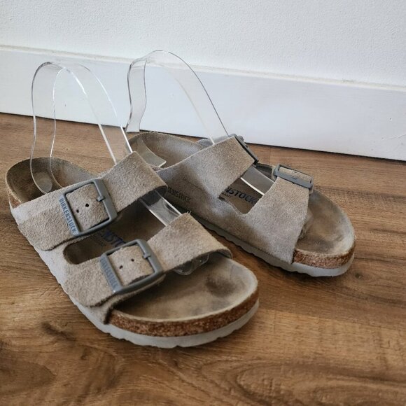 Birkenstock Shoes - Birkenstock Arizona Sandals, Grey Suede Cork Sandals